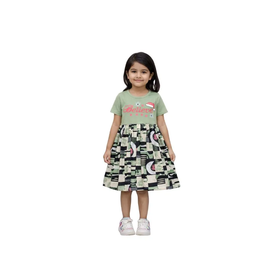 Kids Contrast Frock (knee length ,short sleeve,printed top and aop bottom frock)